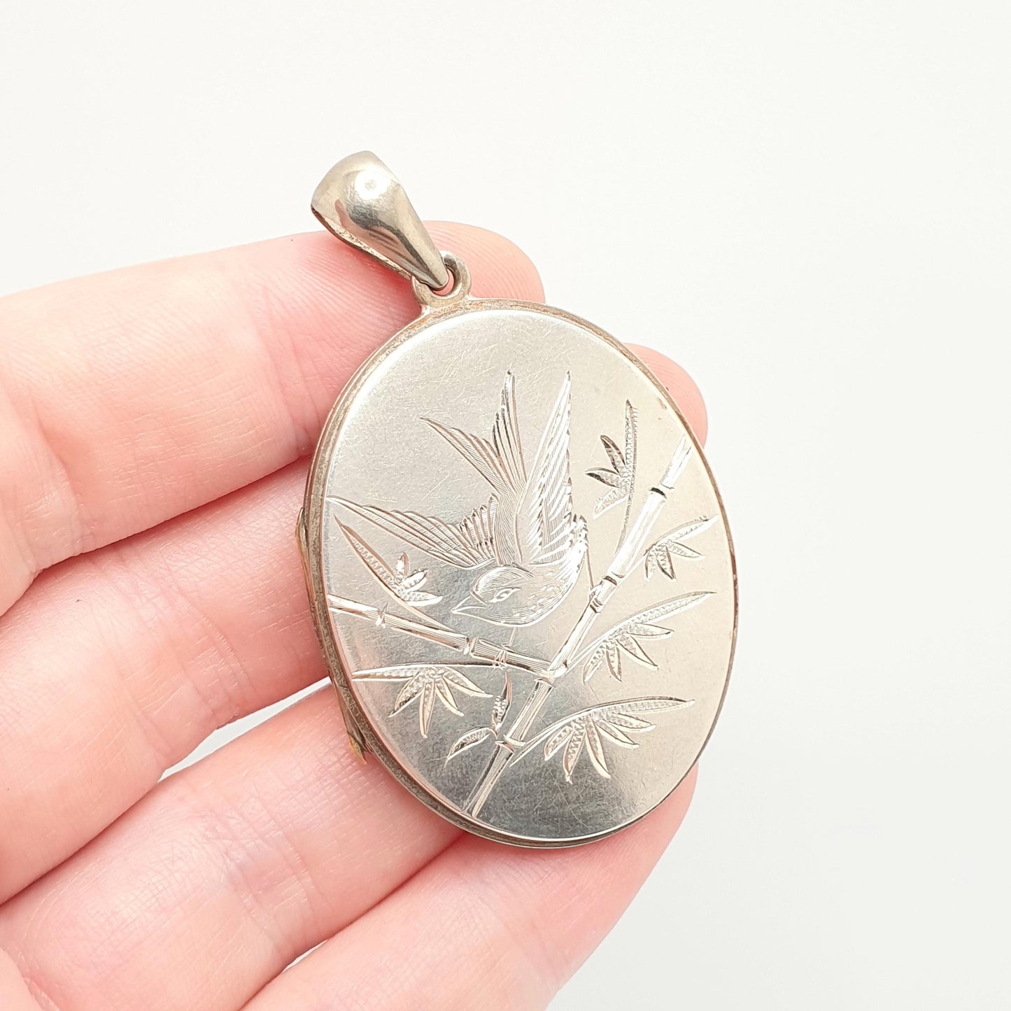 Antique Bird Locket Victorian Large Big Engraved Silver Tone Necklace Pendant Genuine 1800s Picture Photo Vintage Jewellery Jewelry