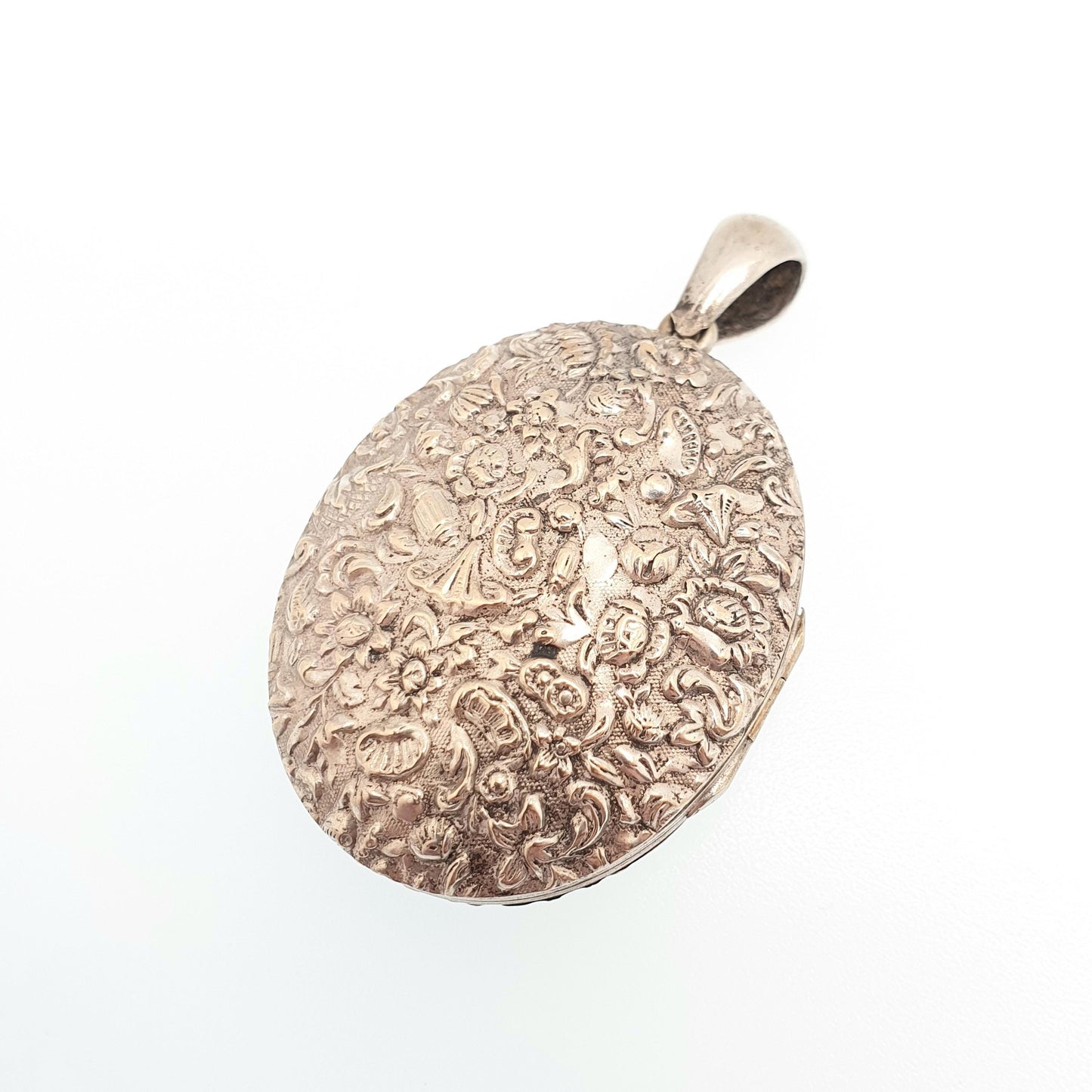 Antique Victorian Locket Silver Plate Large Big Flower Pattern Floral Necklace Pendant Genuine 1800s Picture Photo Oval Vintage Jewellery