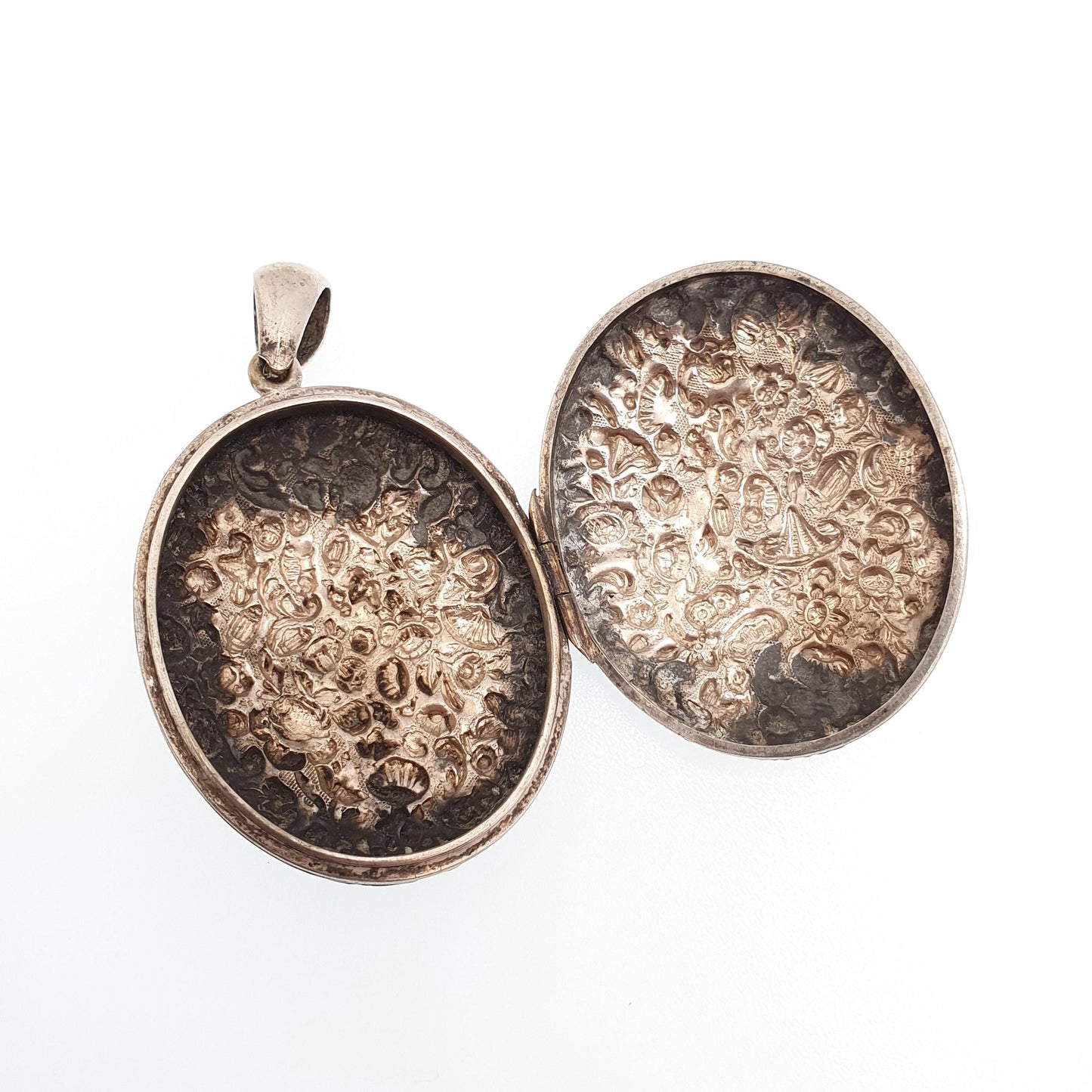 Antique Victorian Locket Silver Plate Large Big Flower Pattern Floral Necklace Pendant Genuine 1800s Picture Photo Oval Vintage Jewellery