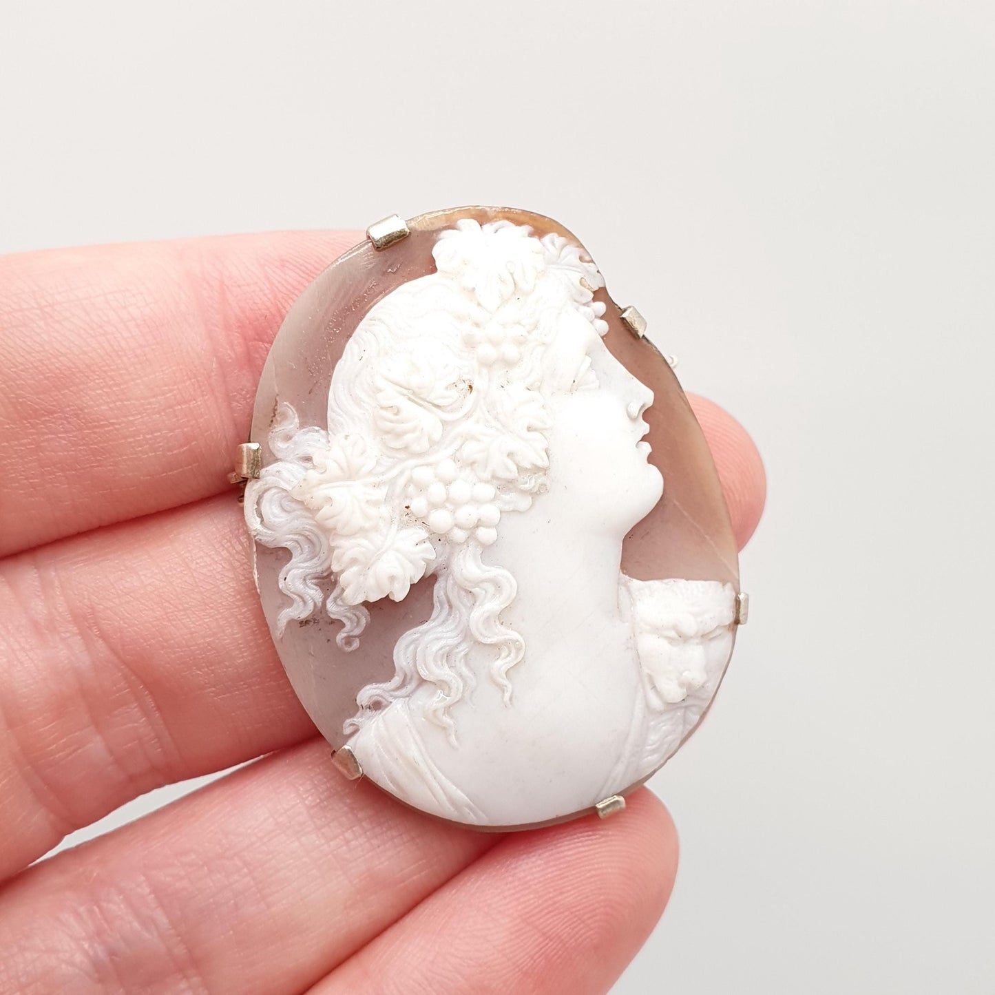 Antique Victorian Cameo Brooch Solid Silver Dionysus Finely Carved Engraved High Relief Large Big Shell Italian Vintage Jewelry Jewellery