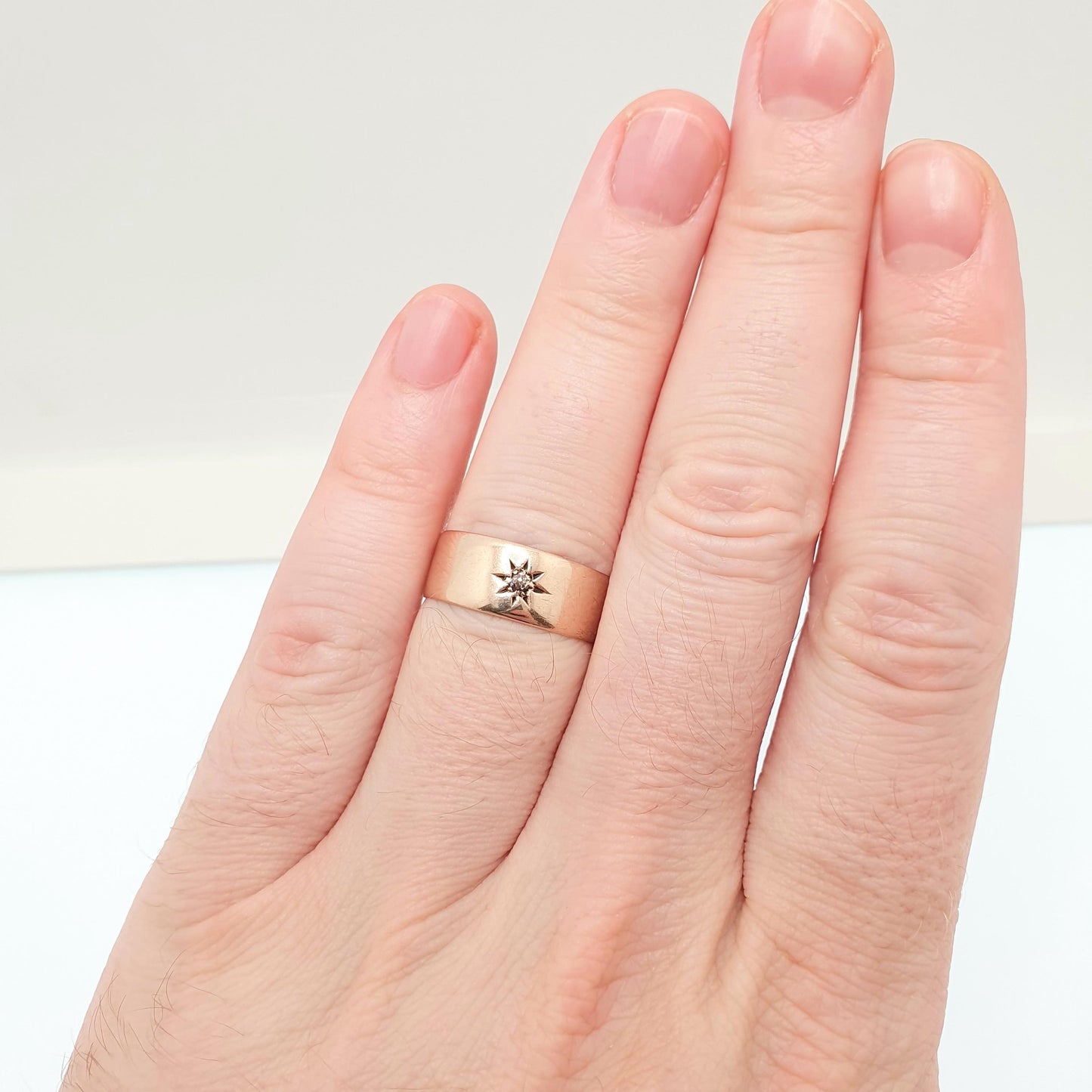 Antique 9ct Rose Gold Diamond Band Ring Wedding 1915 Hallmark Solid 9k 375 Wide Thick Gemstone Solitaire Mens Womens Vintage Jewelry