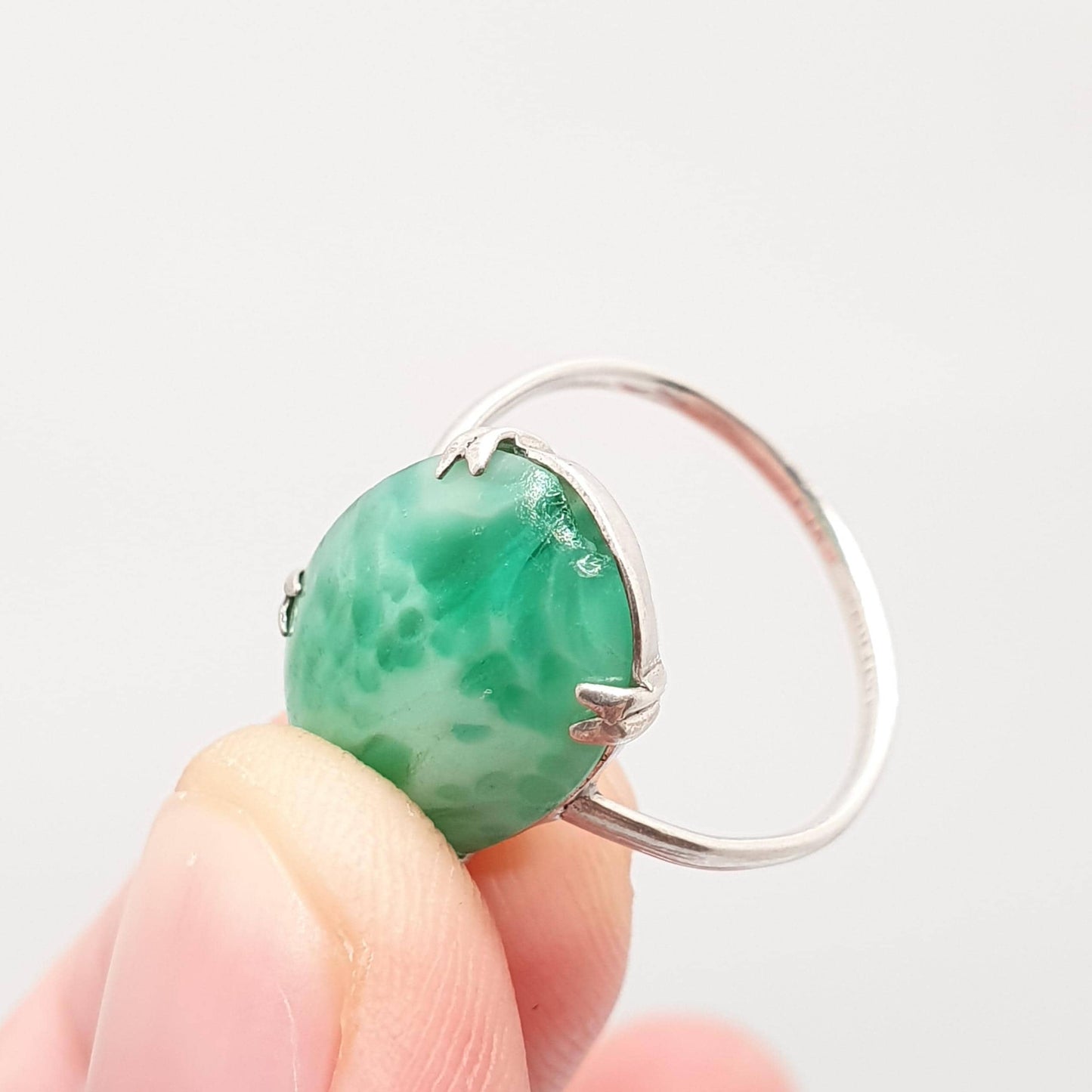 Antique Sterling Silver Peking Glass Jade Ring TLM Thomas L Mott Art Deco Vintage 1920s Womens Oval Cut Green Czech Jewellery Jewelry