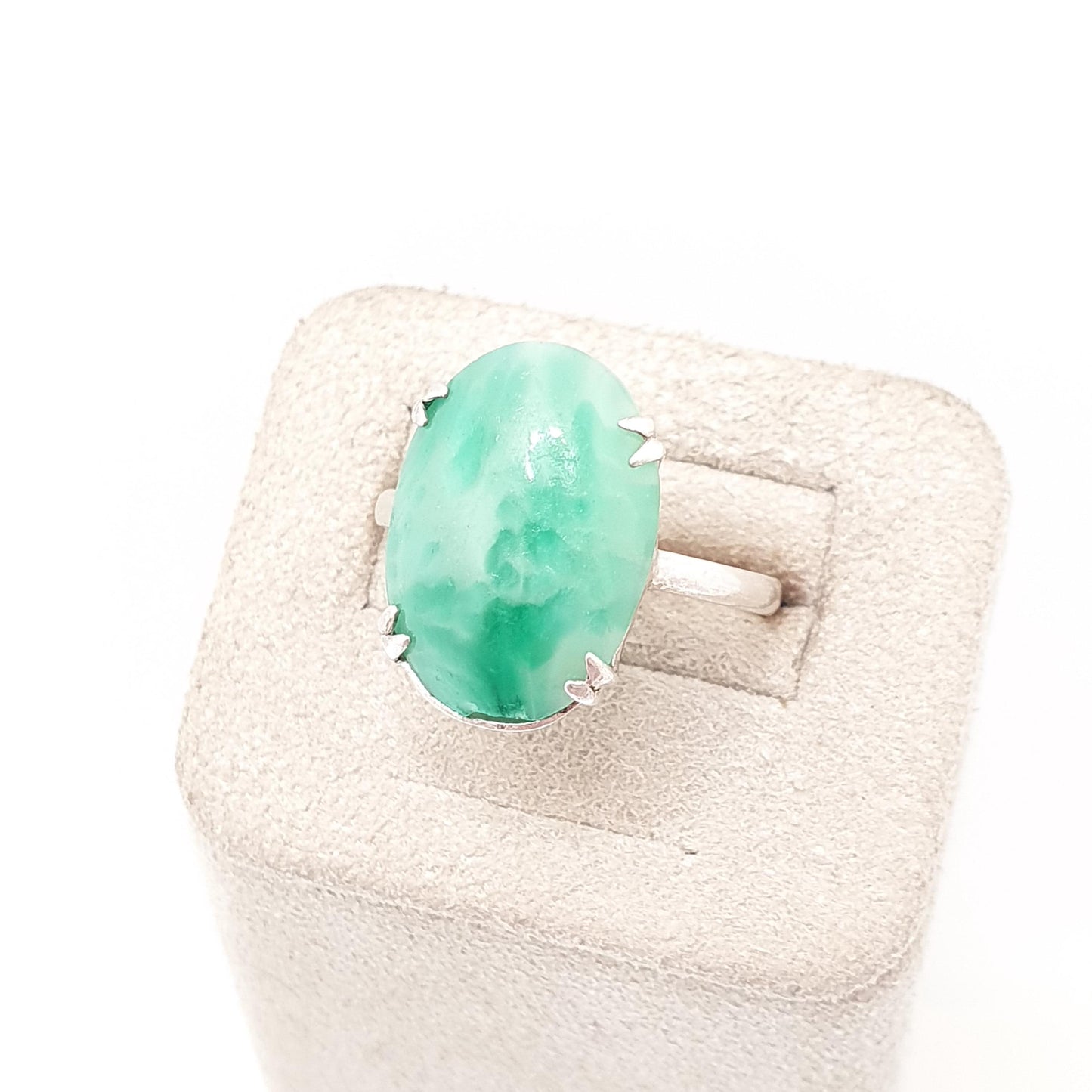 Antique Sterling Silver Peking Glass Jade Ring TLM Thomas L Mott Art Deco Vintage 1920s Womens Oval Cut Green Czech Jewellery Jewelry