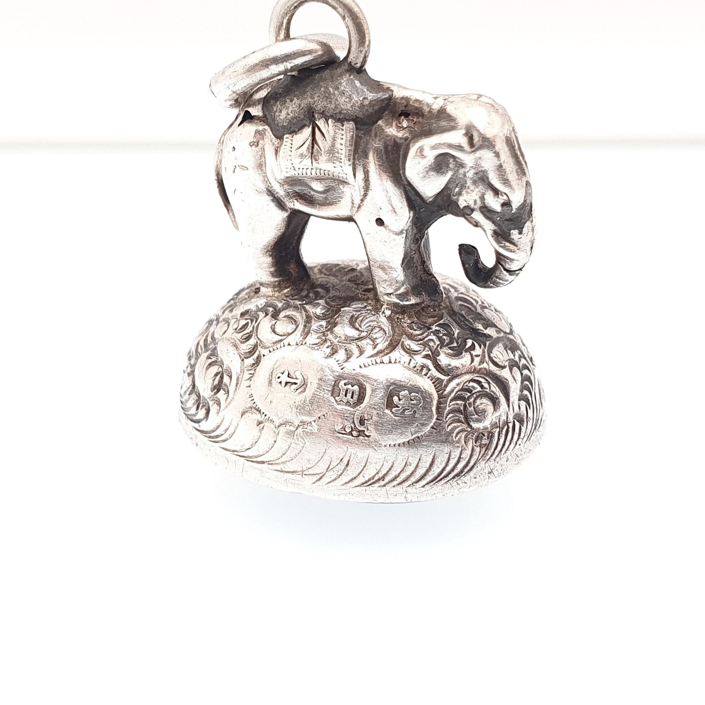 Antique Sterling Silver Elephant Fob Pendant Necklace Victorian 1896 Sodalite Gemstone Rare Animal Vintage Womans Jewellery Jewelry