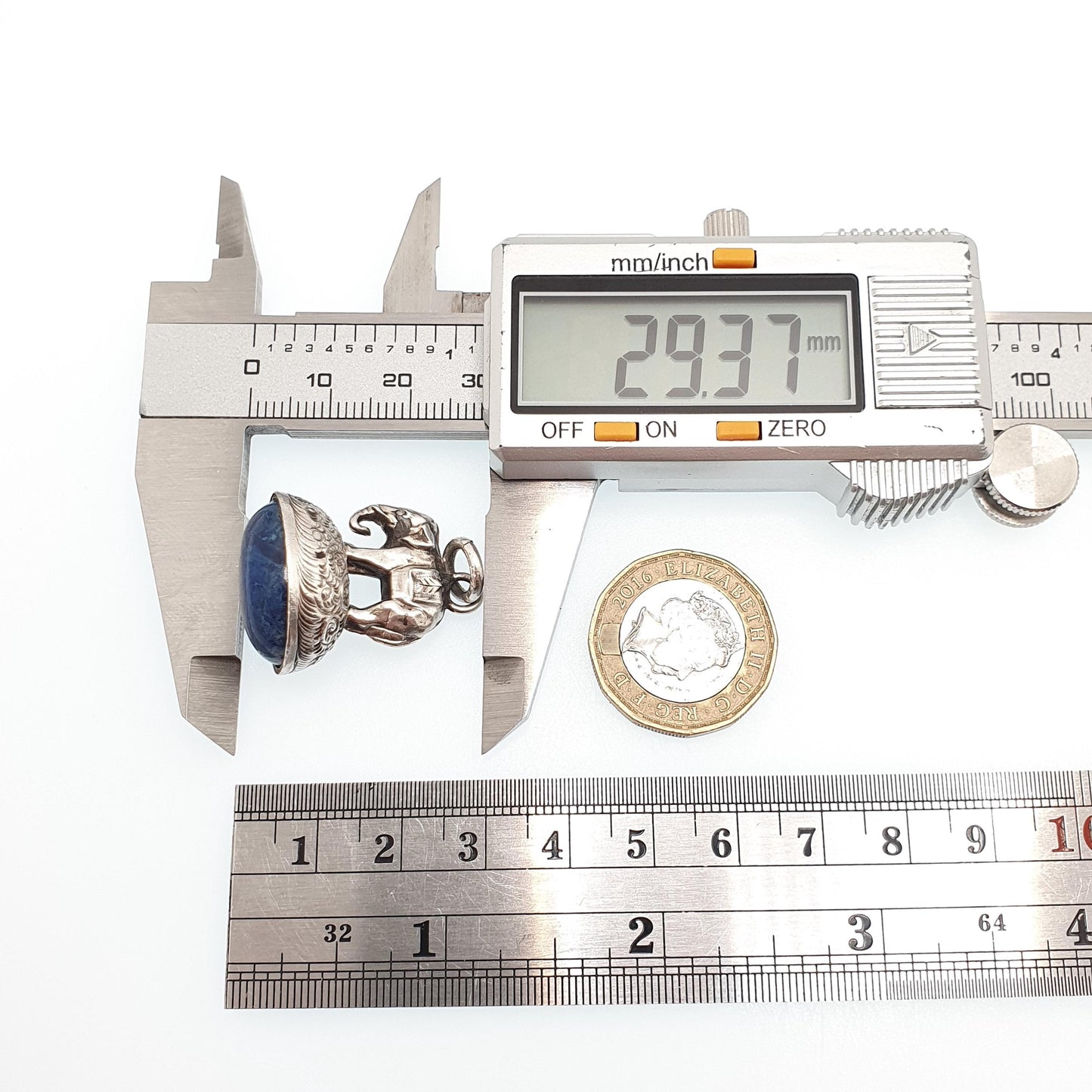 Antique Sterling Silver Elephant Fob Pendant Necklace Victorian 1896 Sodalite Gemstone Rare Animal Vintage Womans Jewellery Jewelry