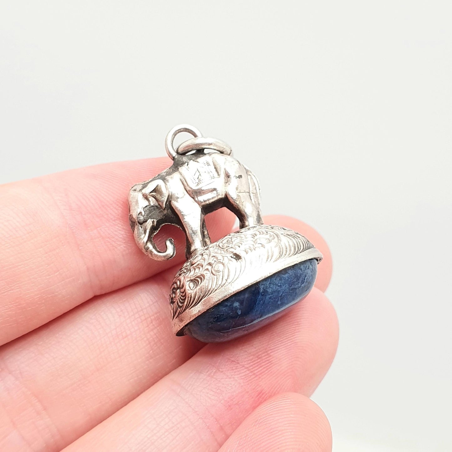 Antique Sterling Silver Elephant Fob Pendant Necklace Victorian 1896 Sodalite Gemstone Rare Animal Vintage Womans Jewellery Jewelry