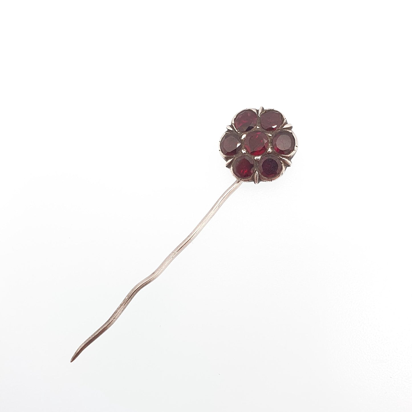 Antique Georgian Solid Silver Garnet Stick Pin Foiled Garnets Star Flower Crimped Solid Genuine Pyrope Real Gents Mens Jewelry Jewellery