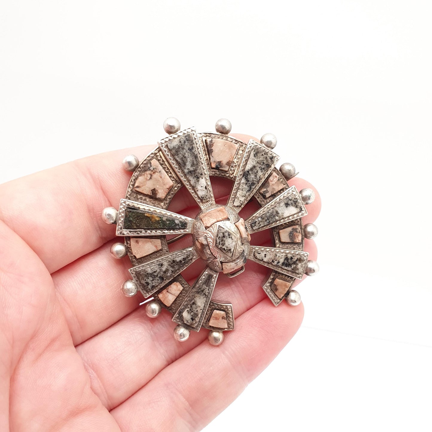 Antique Victorian Solid Silver Scottish Horseshoe Brooch Aberdeenshire Granite Pink Large Big Pin Rare Vintage 1800s Womens Jewelry