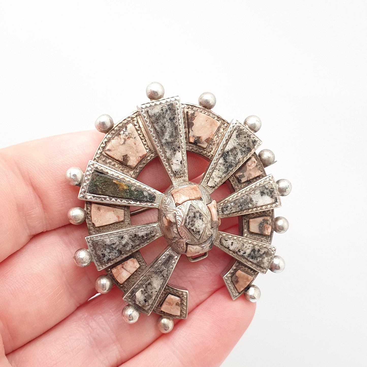 Antique Victorian Solid Silver Scottish Horseshoe Brooch Aberdeenshire Granite Pink Large Big Pin Rare Vintage 1800s Womens Jewelry