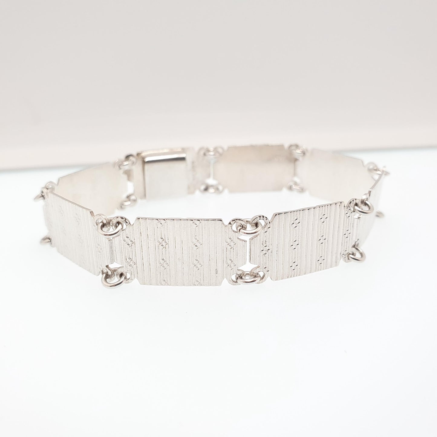Antique Art Deco Solid Silver Bracelet Machine Engine Turned Pattern Panel Link 1920s Vintage 16.66g Retro Ladies Womens Jewelry Jewellery