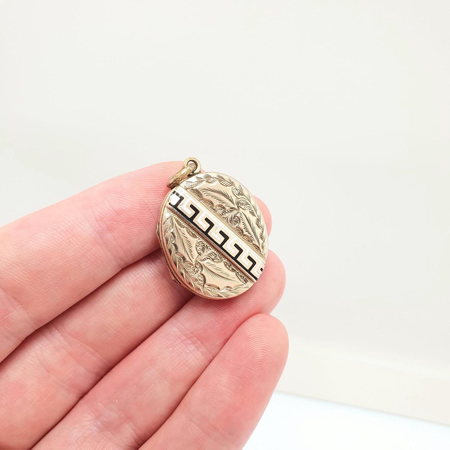 Antique Victorian 9ct Gold Locket Black Enamel Greek Key Pattern Pendant Necklace Solid 9k 375 Front Oval Vintage 1800s Jewelry Jewellery