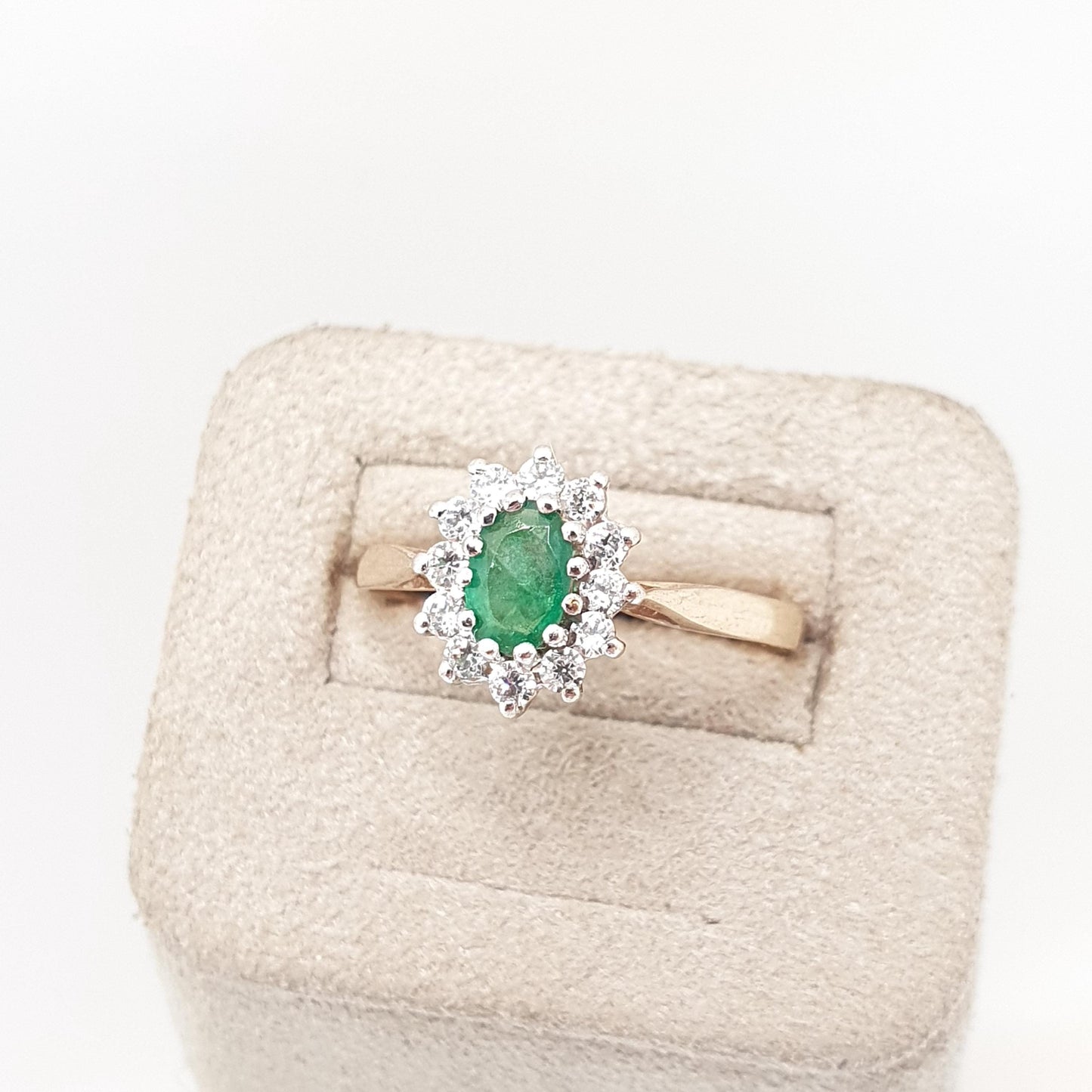 Vintage 9k Gold Emerald Ring Cluster CZ Cubic Zirconia Solid 9ct 375 Hallmarked Estate Fine Jewelry Jewellery Womans Retro Genuine Real