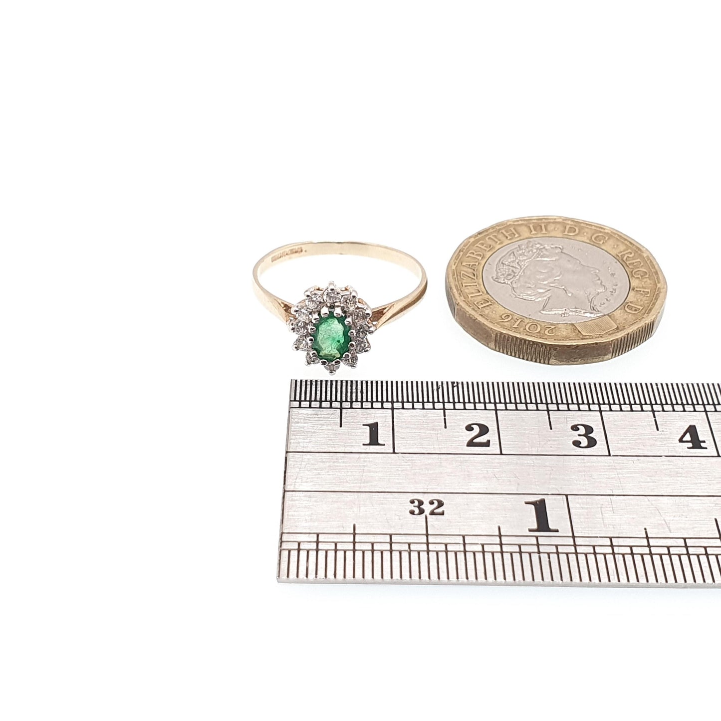 Vintage 9k Gold Emerald Ring Cluster CZ Cubic Zirconia Solid 9ct 375 Hallmarked Estate Fine Jewelry Jewellery Womans Retro Genuine Real