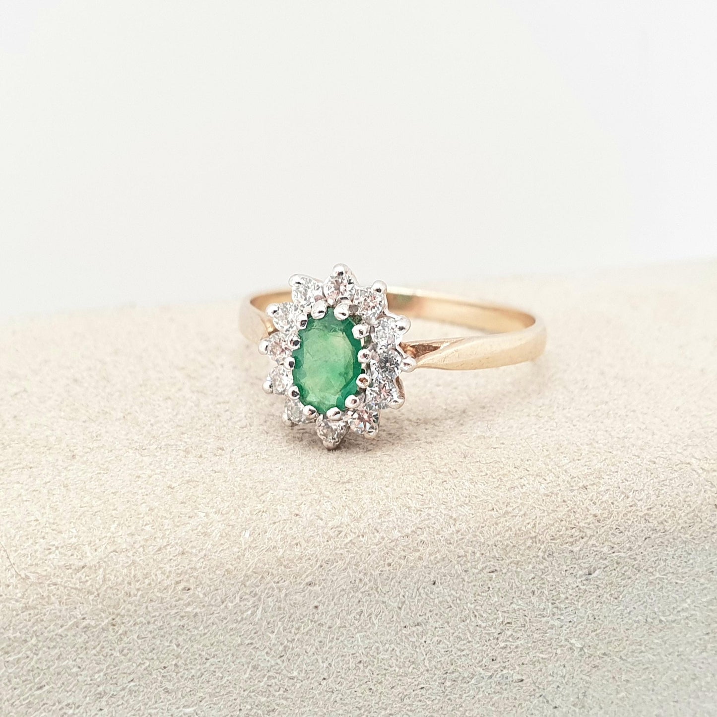 Vintage 9k Gold Emerald Ring Cluster CZ Cubic Zirconia Solid 9ct 375 Hallmarked Estate Fine Jewelry Jewellery Womans Retro Genuine Real
