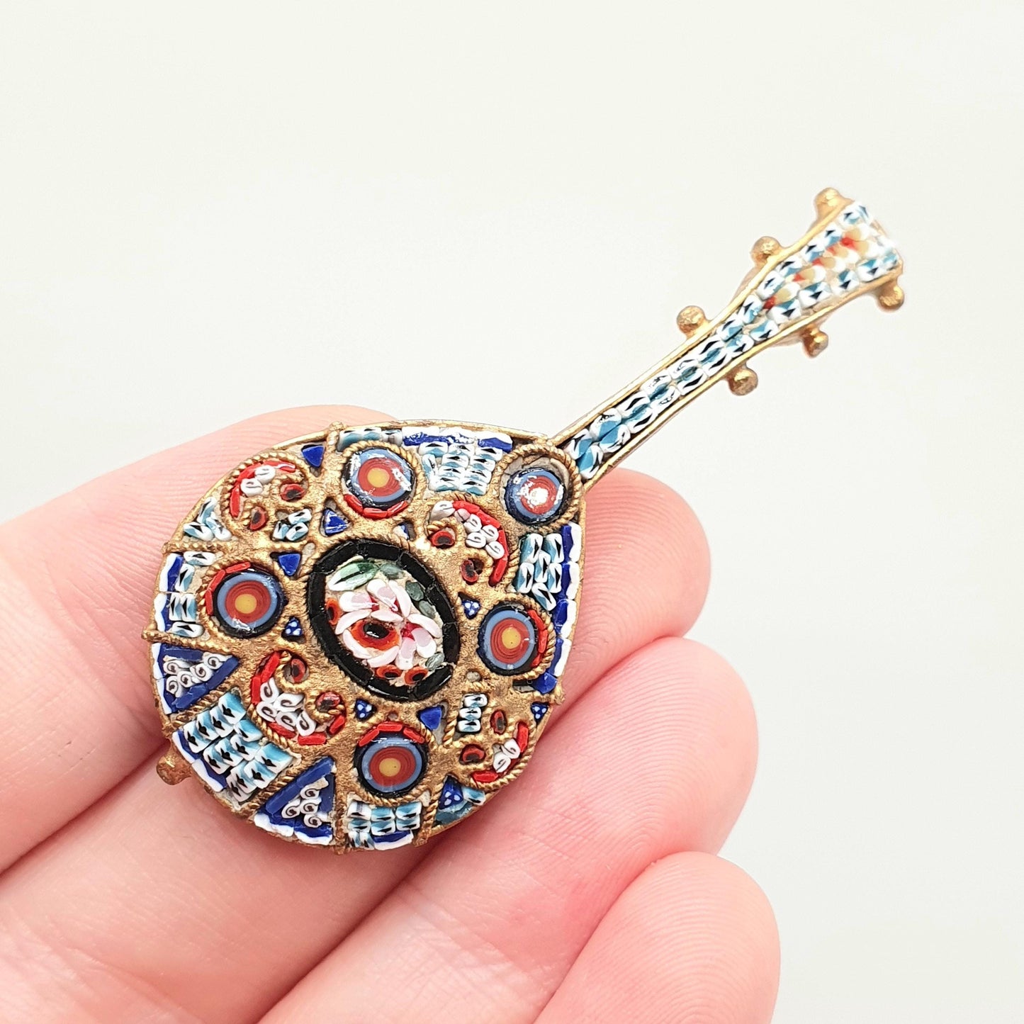 Antique Micromosaic Brooch Pin Lute Mandolin Shape Large Big Golt Gilt Instrument Italian Flower Handmade Womens Jewelry Vintage Jewellery