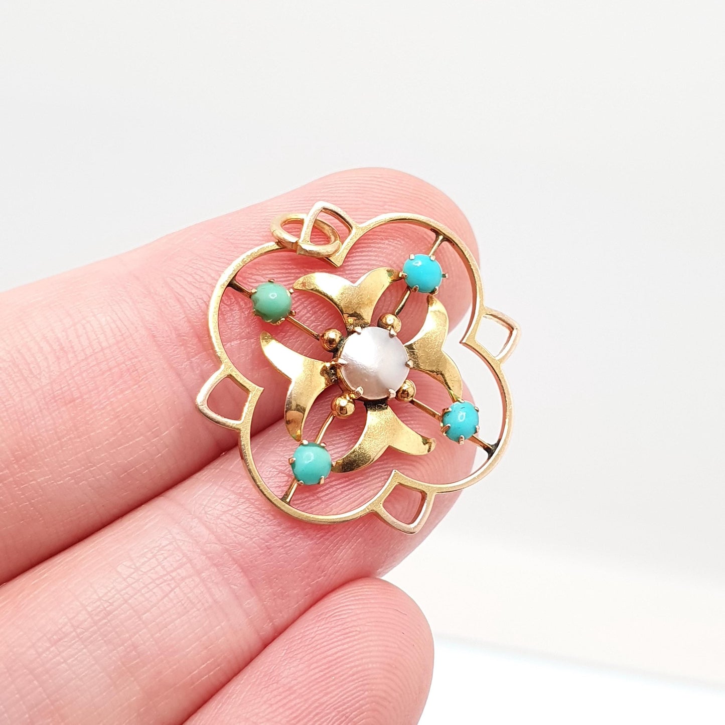 Antique Turquoise 9ct 9k Gold Pendant Necklace Openwork Victorian Lavaliere Gemstone Solid 375 Maltese Cross Vintage Jewellery Jewelry