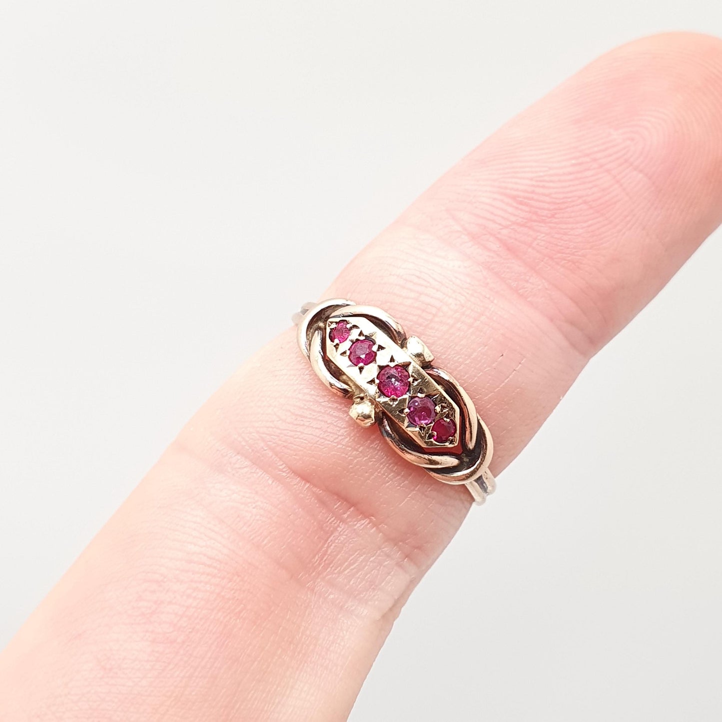 Antique Victorian 9ct Gold Ruby Ring 1896 Hallmark Solid 375 5 Stone Genuine Rubies 1800s Knot Shape 9k Womens Vintage Jewelry Jewellery