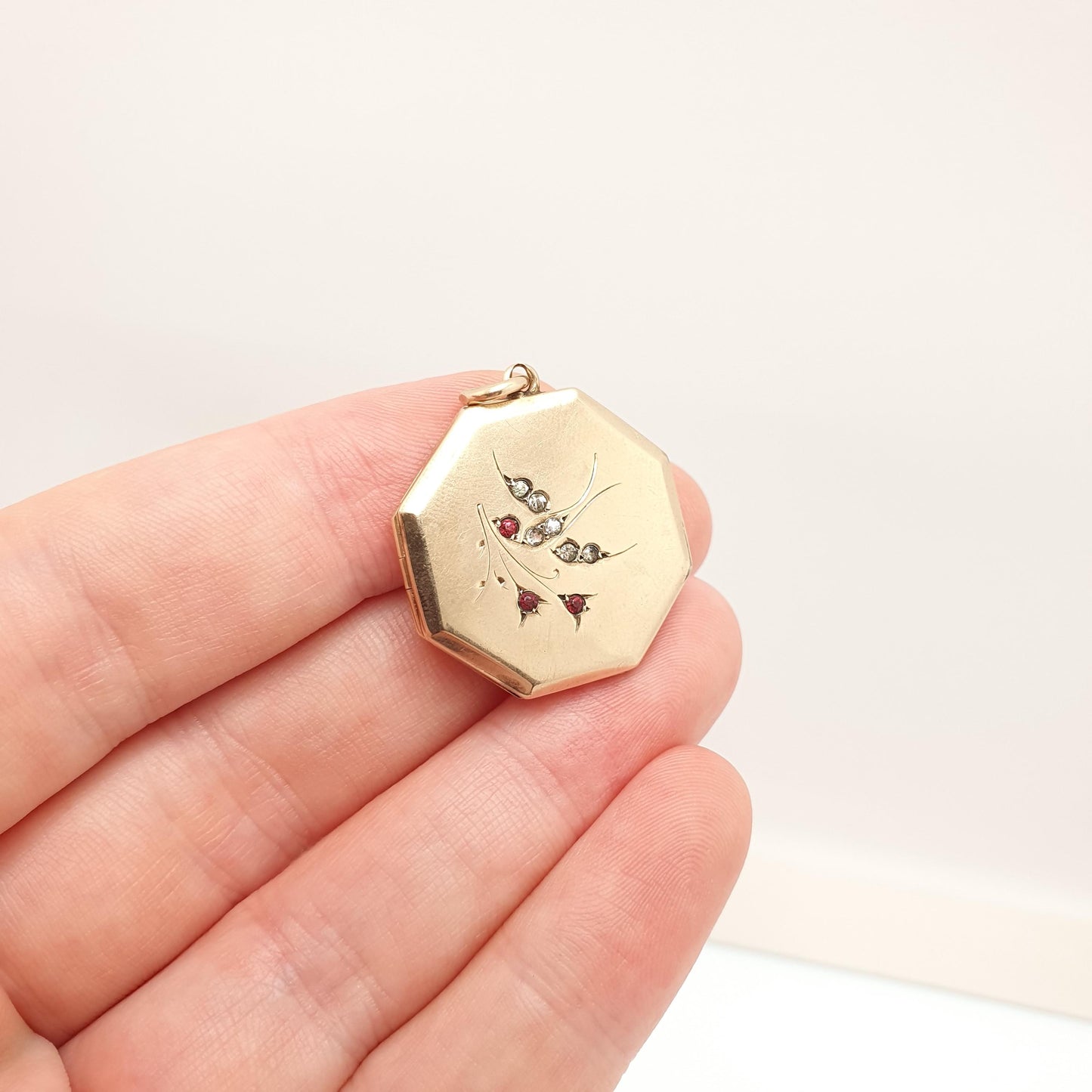 Antique 9ct 9k Gold Bird Locket Ruby Diamond Paste Large Octagonal Sterling Silver & Solid 375 Pendant Back Front Vintage Jewelry Jewellery