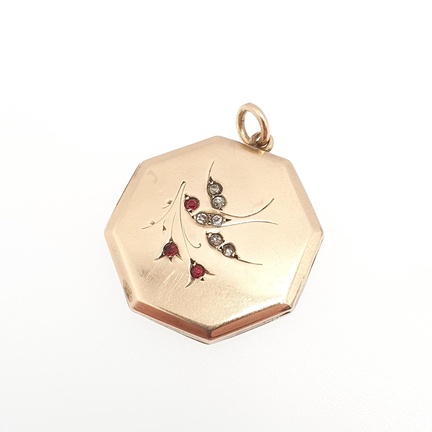 Antique 9ct 9k Gold Bird Locket Ruby Diamond Paste Large Octagonal Sterling Silver & Solid 375 Pendant Back Front Vintage Jewelry Jewellery