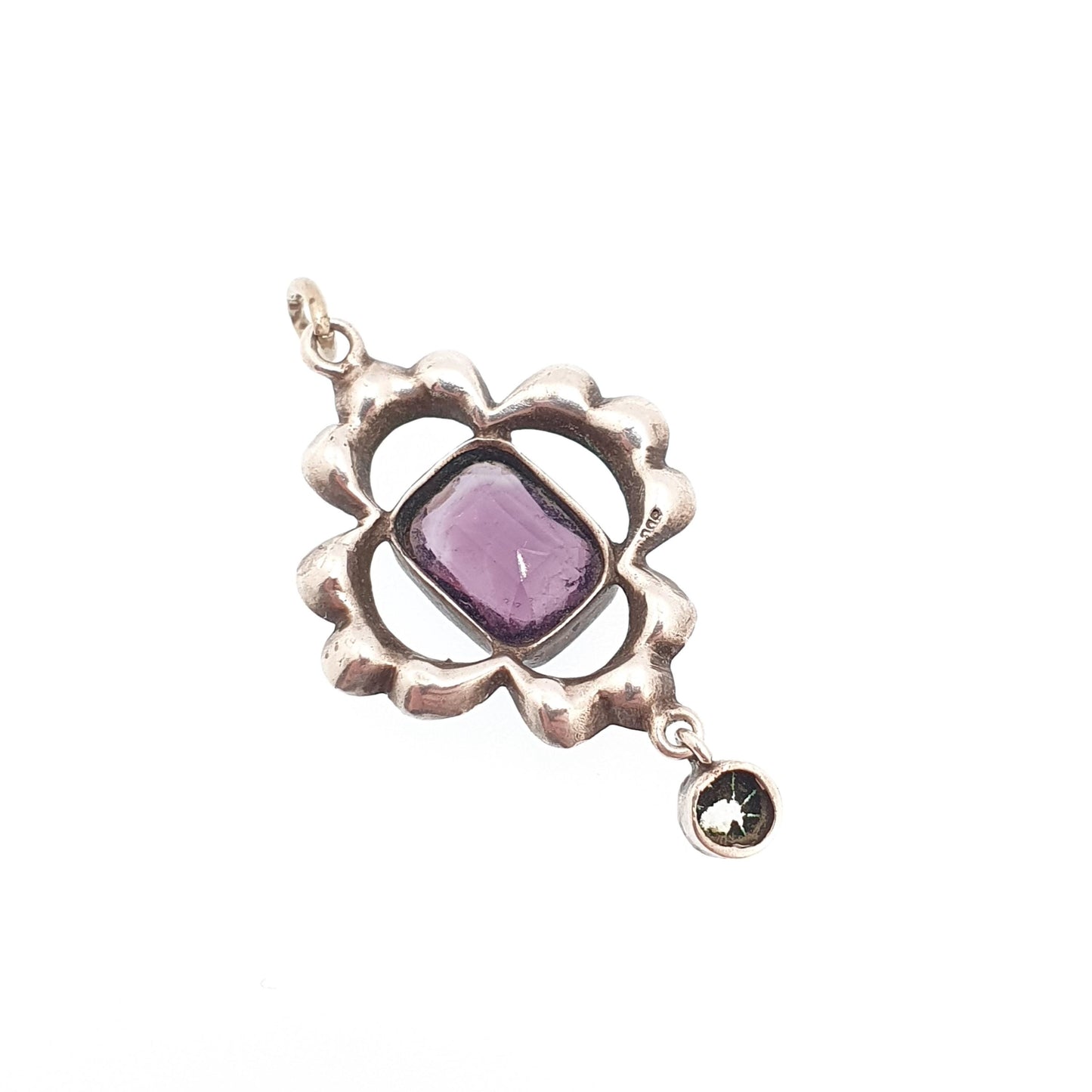 Antique Solid Silver Amethyst & Diamond Paste Pendant Necklace Foiled Pastes Cluster Edwardian Rare Vintage Womens Jewellery Jewelry