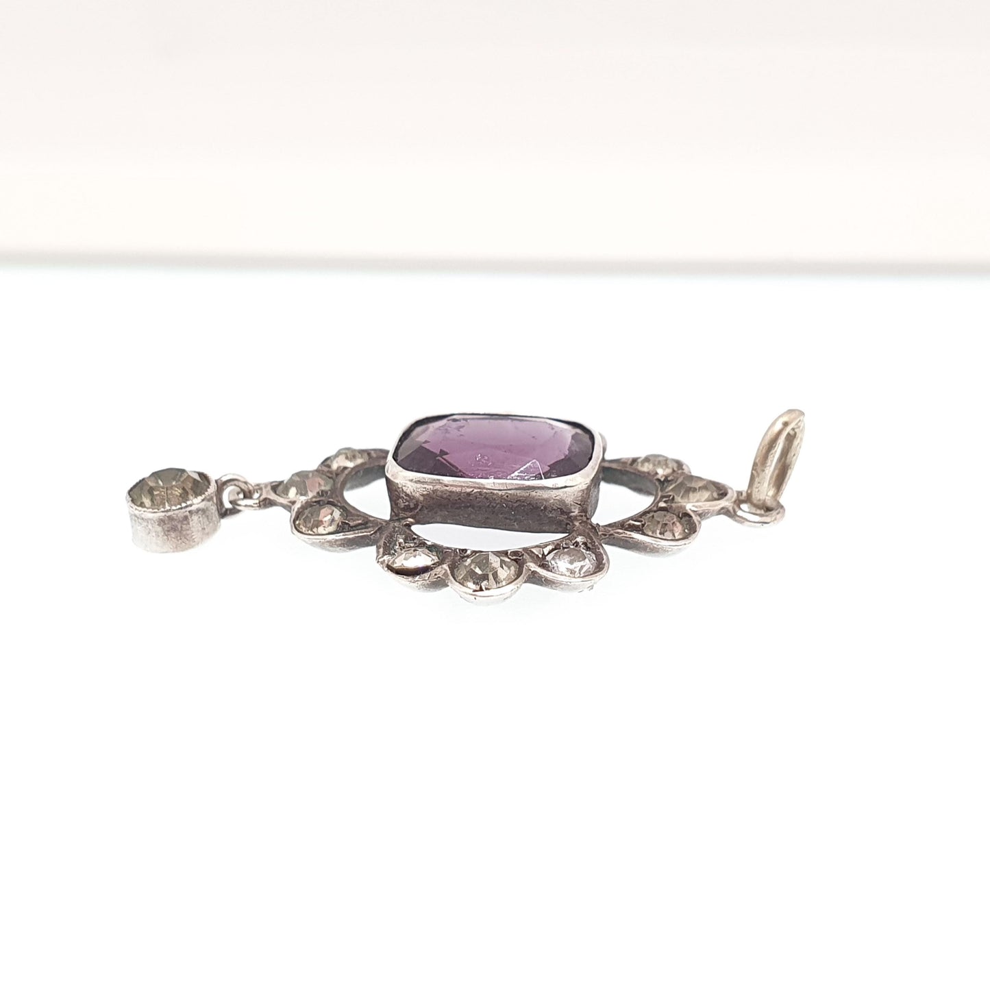 Antique Solid Silver Amethyst & Diamond Paste Pendant Necklace Foiled Pastes Cluster Edwardian Rare Vintage Womens Jewellery Jewelry