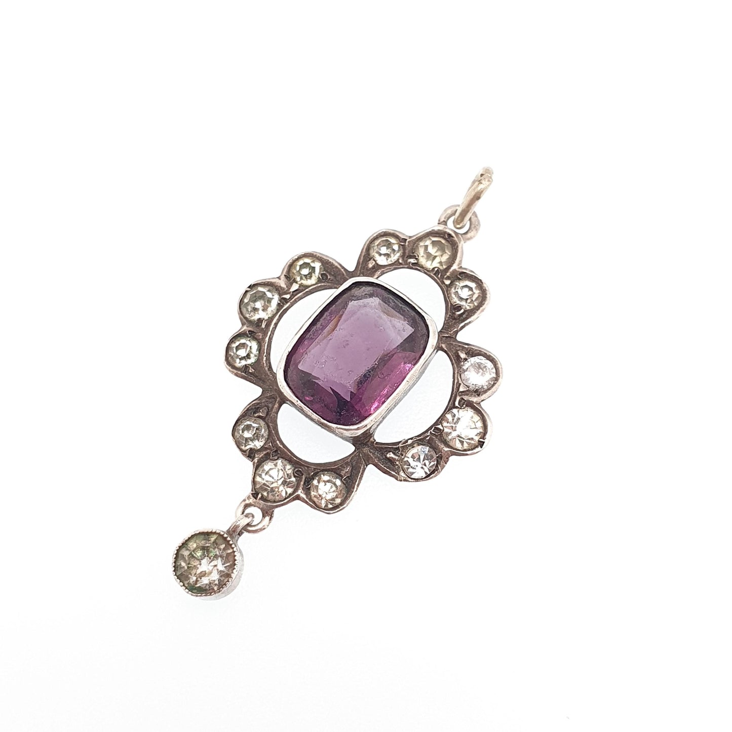 Antique Solid Silver Amethyst & Diamond Paste Pendant Necklace Foiled Pastes Cluster Edwardian Rare Vintage Womens Jewellery Jewelry