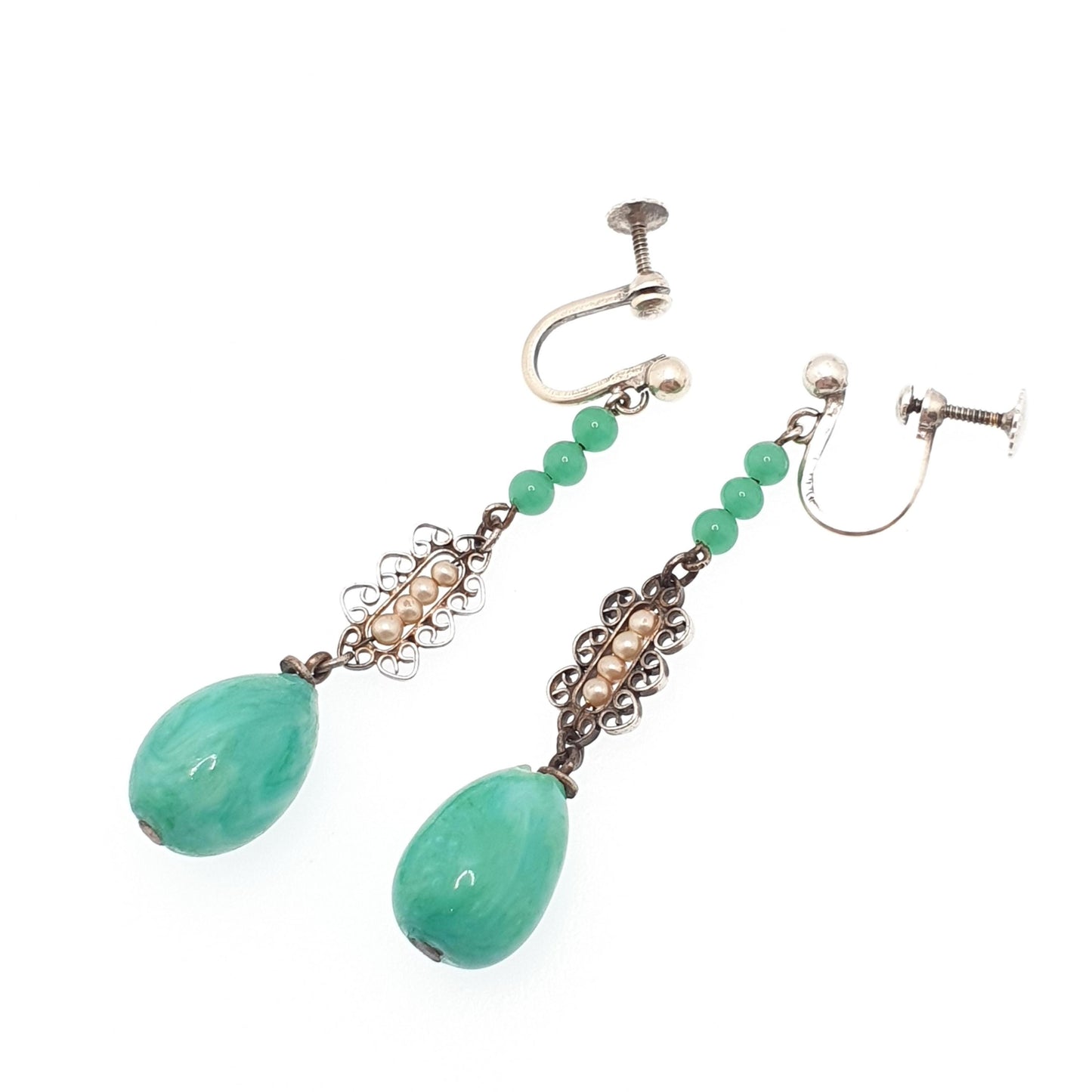 Antique Solid Silver Peking Glass Jade Earrings Bauble Hanging Pendulum Arts and Crafts Vintage Chandelier Seed Pearl Jewelry Jewellery
