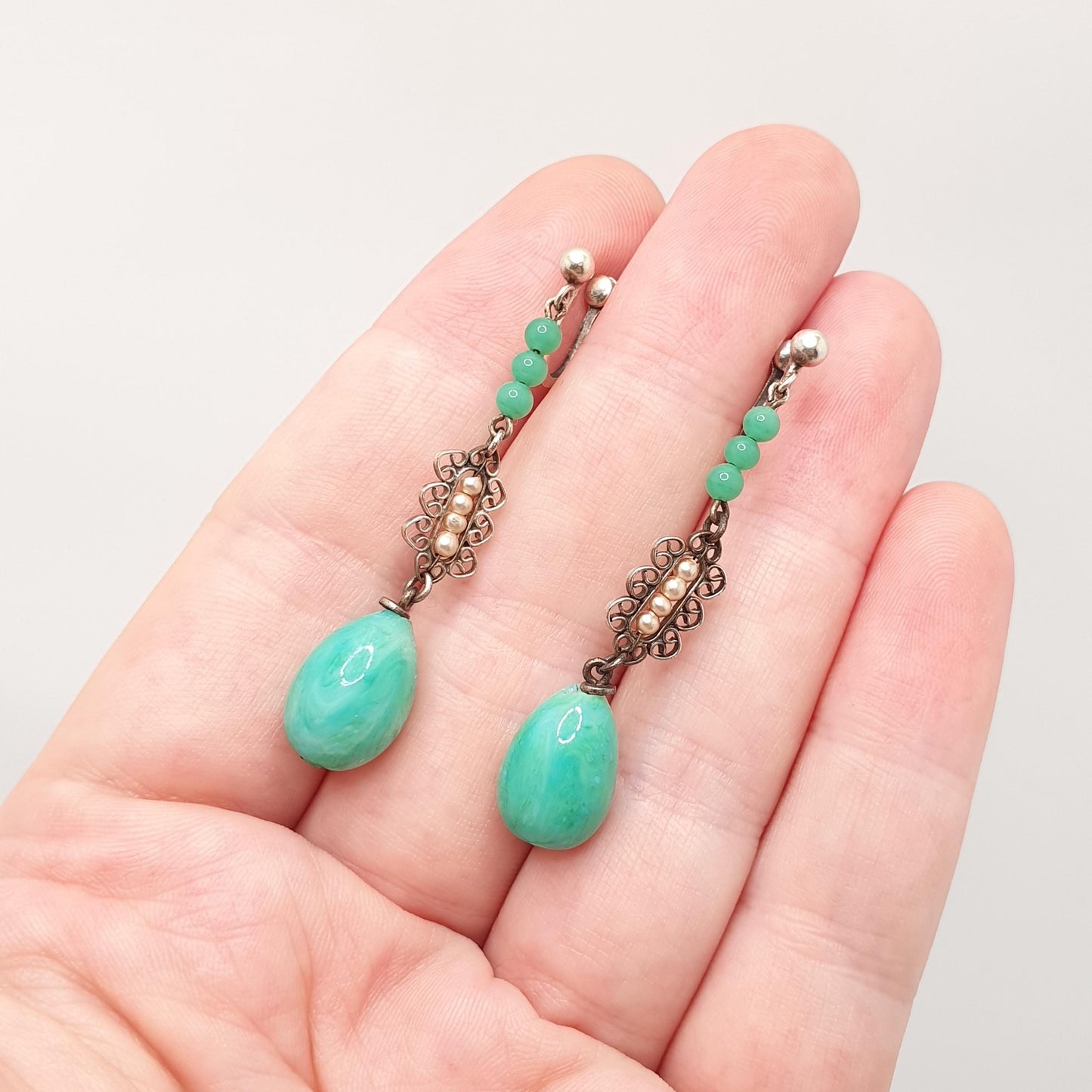 Antique Solid Silver Peking Glass Jade Earrings Bauble Hanging Pendulum Arts and Crafts Vintage Chandelier Seed Pearl Jewelry Jewellery