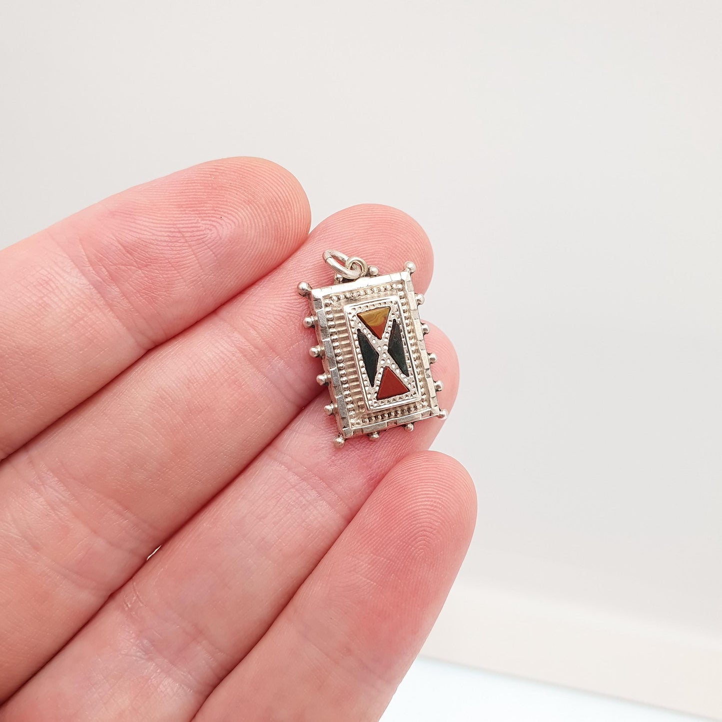 Antique Victorian Sterling Silver Scottish Pendant Necklace Bloodstone Agate Red Jasper Rectangular Cross 1800s Vintage Jewelry Jewellery