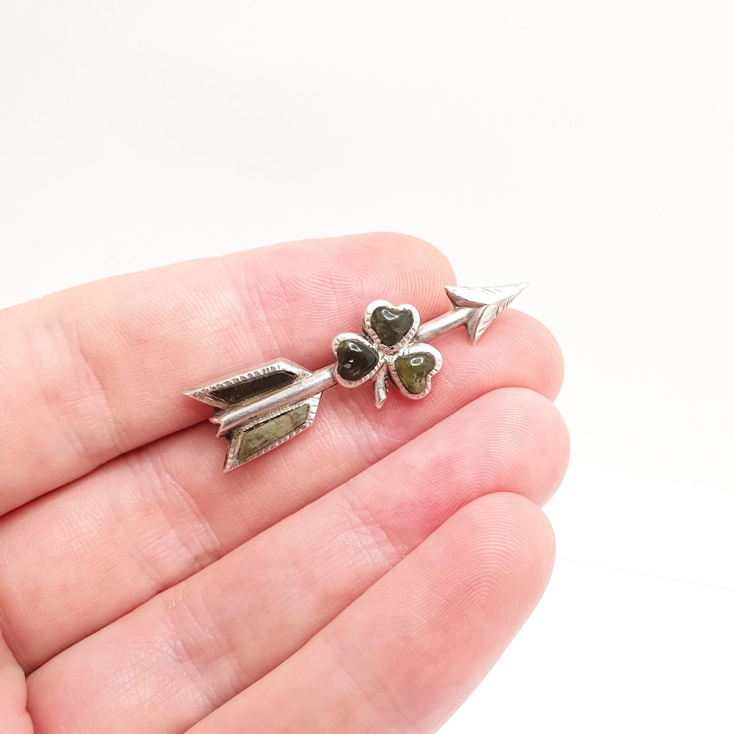 Antique Victorian Solid Silver Arrow Brooch Connemara Marble Clover Pin Irish Love Cupid Genuine Lucky 1800s Gift Vintage Jewellery Jewelry