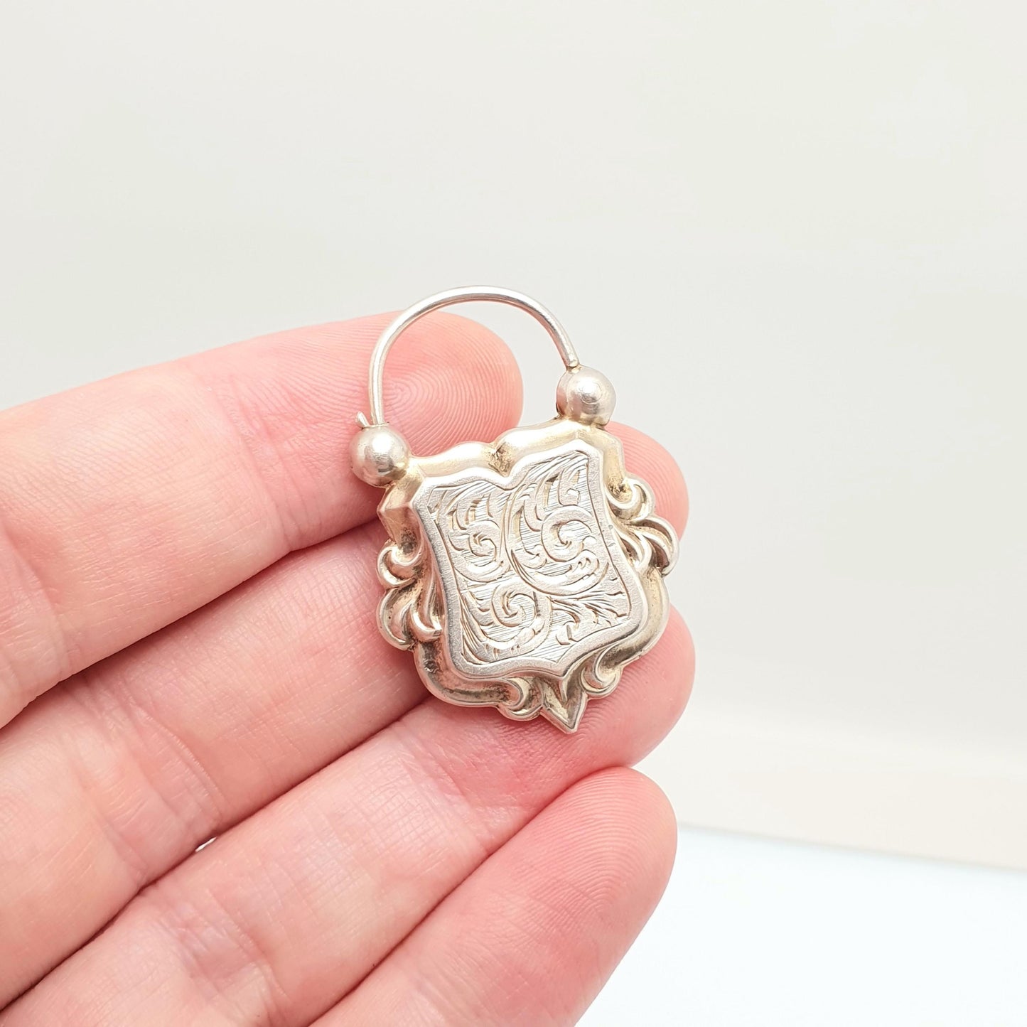 Antique Solid Silver Victorian Padlock Clasp Large Lock Big Bracelet Necklace Engraved Shield 1800s Vintage Jewellery Jewelry Gift Rare