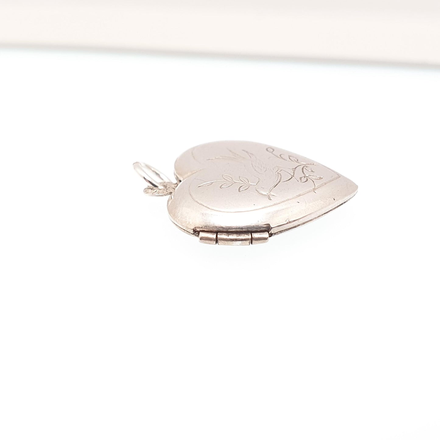 Antique Sterling Silver Bird Heart Locket Pendant Necklace Engraved Love Gift Cute Solid Vintage Picture Photo Womens Jewelry Jewellery