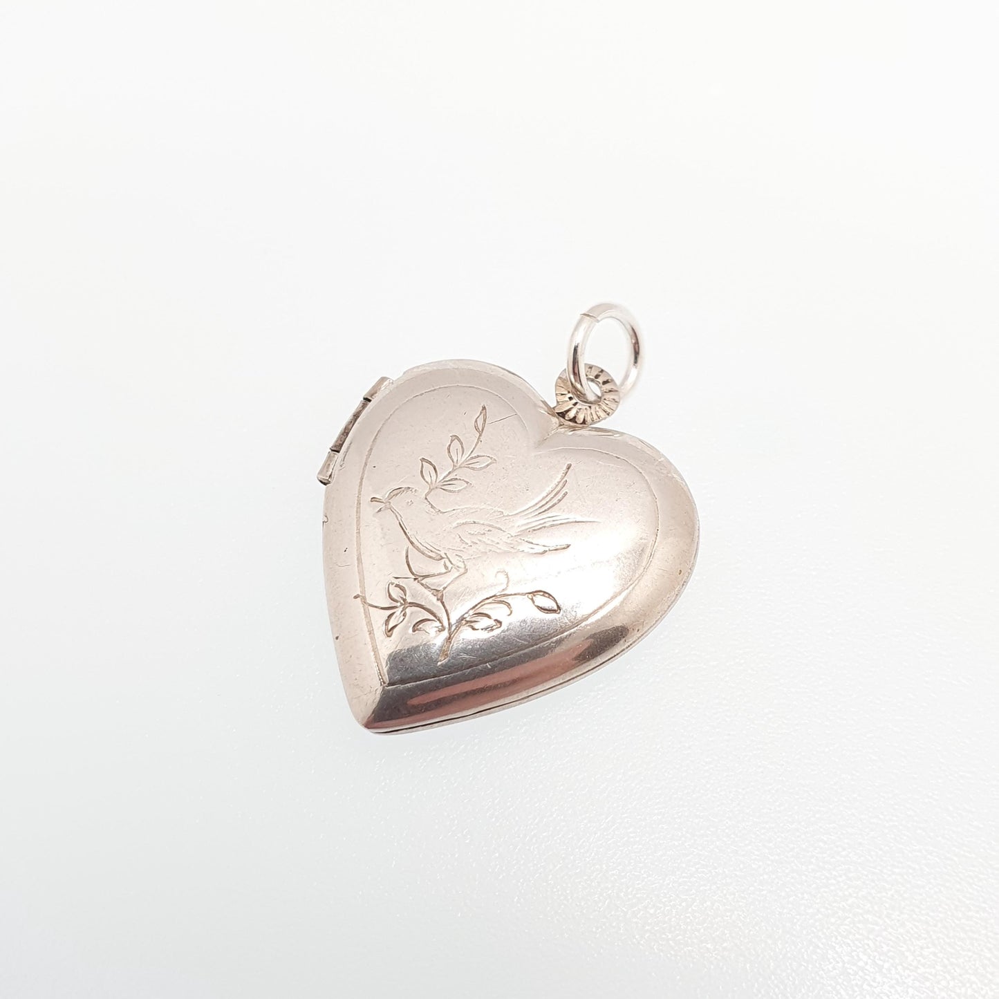 Antique Sterling Silver Bird Heart Locket Pendant Necklace Engraved Love Gift Cute Solid Vintage Picture Photo Womens Jewelry Jewellery