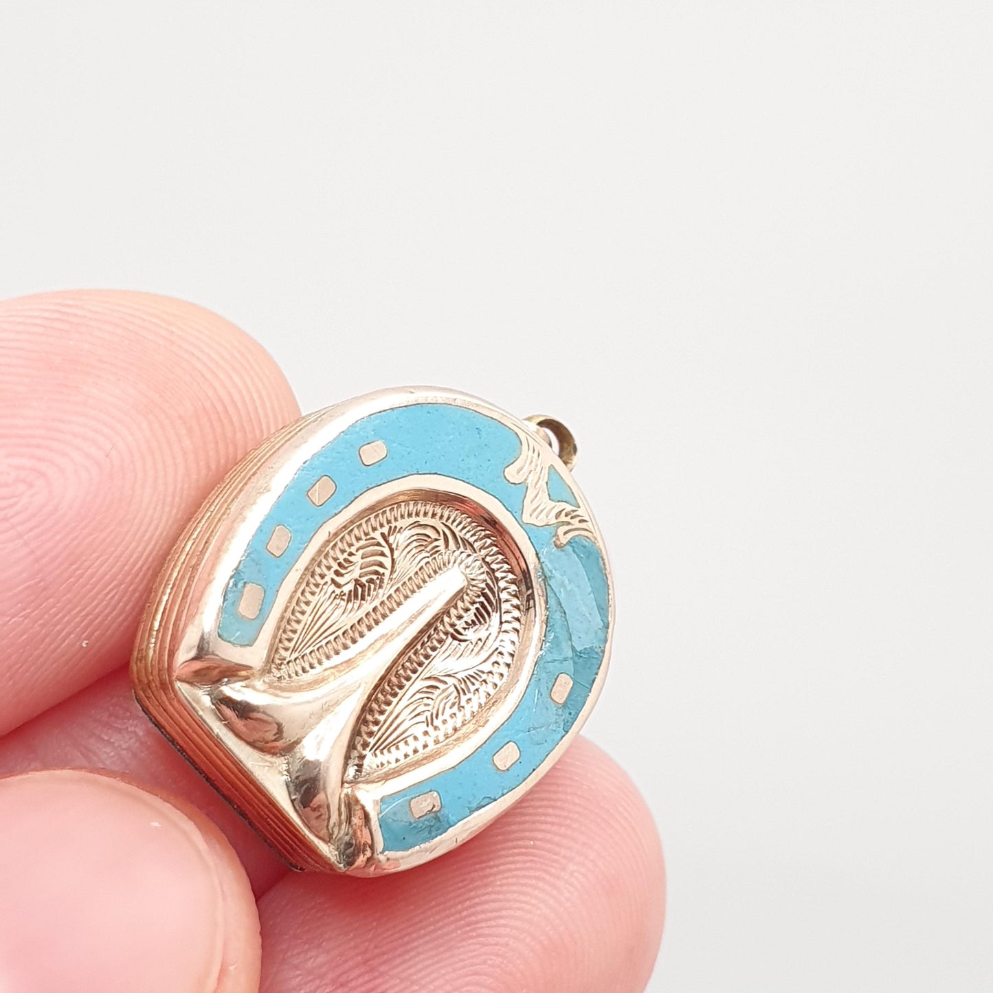 Antique 9ct 9k Gold Horseshoe Locket Sky Blue Enamel Victorian Necklace Pendant Solid Back & Front Horse Good Luck Womens Jewelry Jewellery