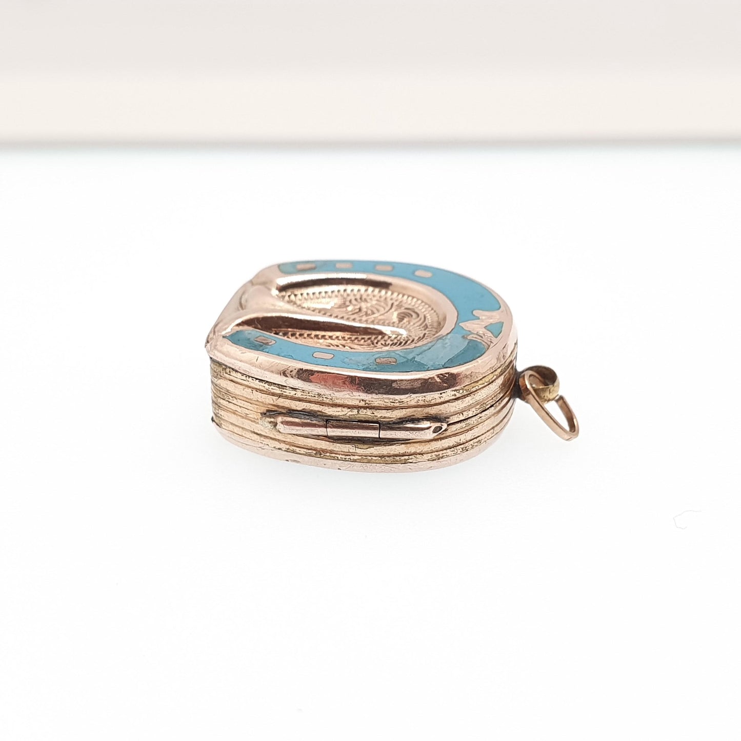 Antique 9ct 9k Gold Horseshoe Locket Sky Blue Enamel Victorian Necklace Pendant Solid Back & Front Horse Good Luck Womens Jewelry Jewellery