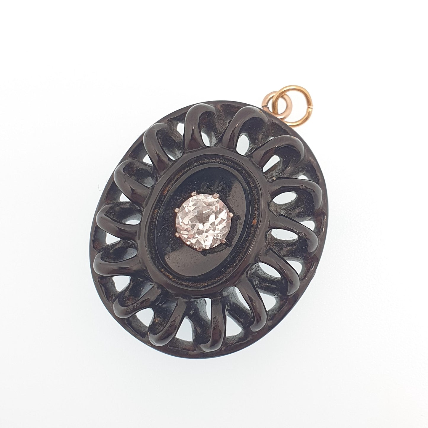 Antique Victorian Whitby Jet White Sapphire Necklace Pendant Genuine Gemstone Swirl Spiral Mourning 1800s Womens Vintage Jewelry Jewellery