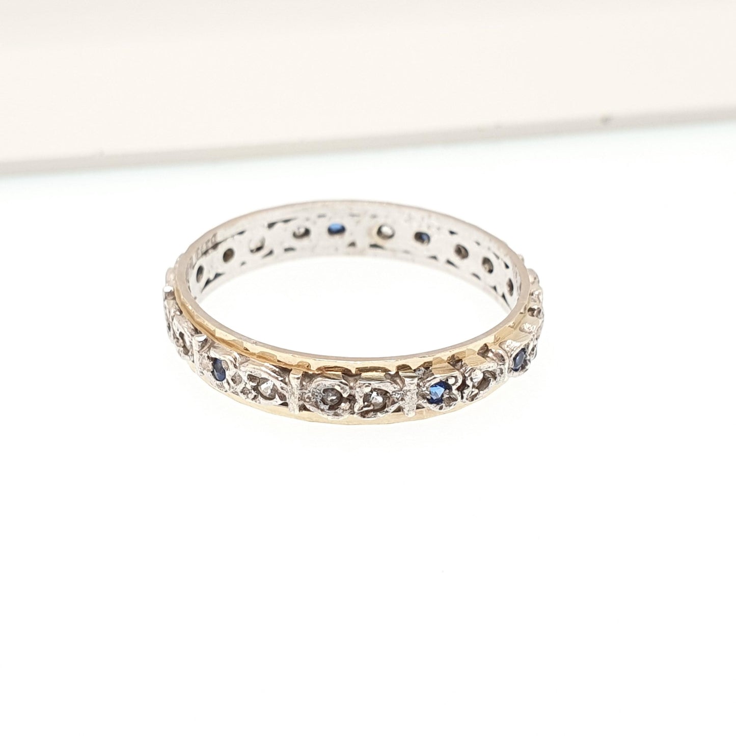Vintage 9ct Gold Eternity Ring Blue White Spinel Heart Shape Full Real Genuine Gemstone Solid 9k 375 Hallmarked Womens Jewelry Jewellery