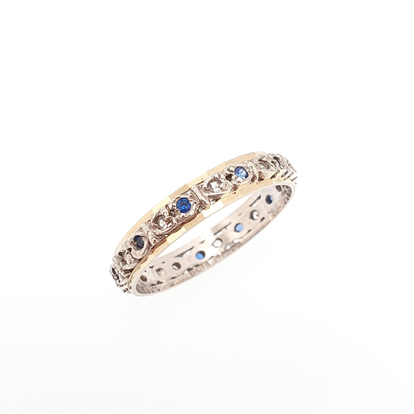 Vintage 9ct Gold Eternity Ring Blue White Spinel Heart Shape Full Real Genuine Gemstone Solid 9k 375 Hallmarked Womens Jewelry Jewellery