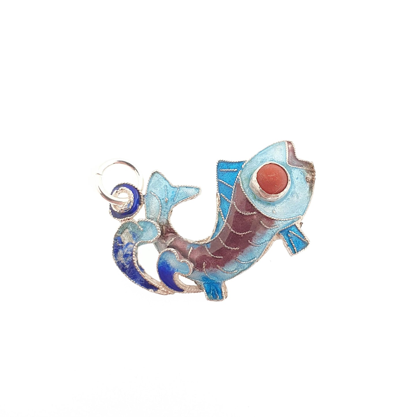 Vintage Solid Silver Enamel Fish Pendant Coral Necklace Chinese Handmade Vintage Pisces Sea Animal Mens Womens Jewelry Jewellery