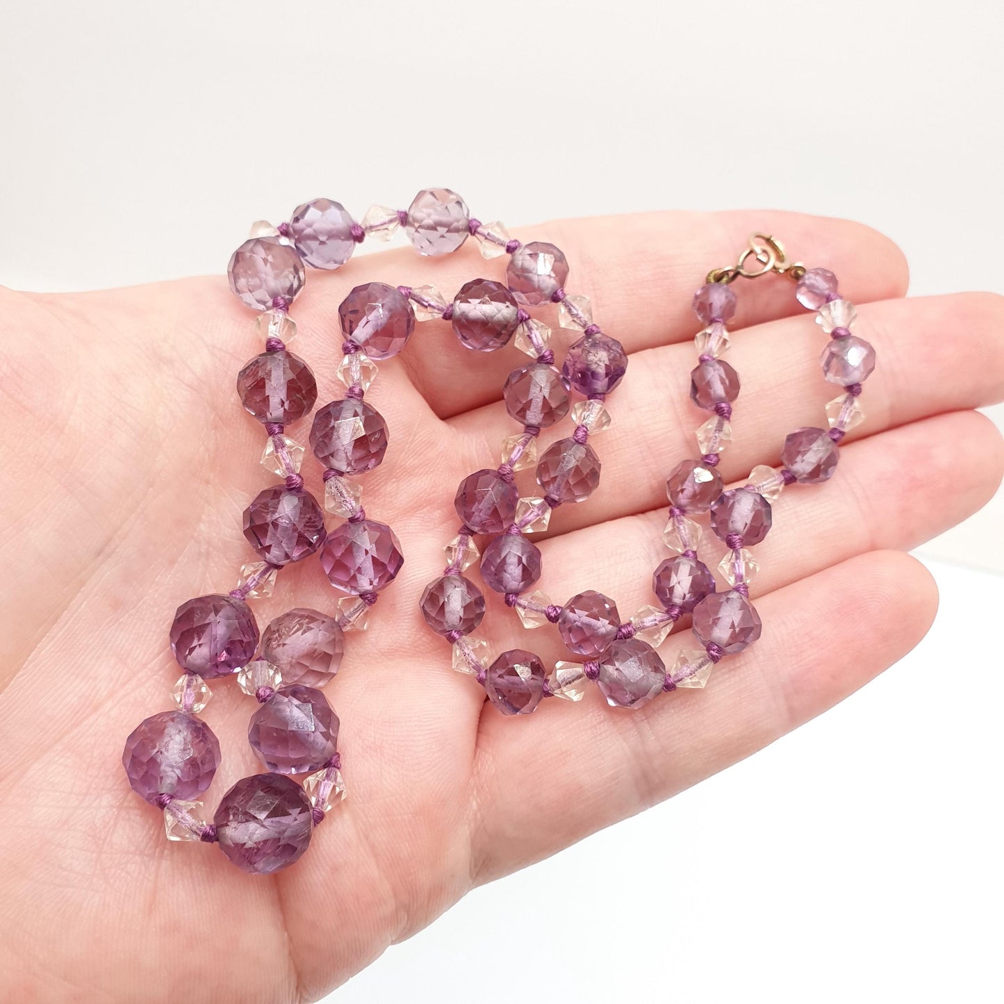 Antique 9ct Gold Natural Amethyst Bead Necklace Faceted Art Deco Faceted Long 50cm Solid 9k 375 Clasp Quartz Vintage Beads Jewelry Jewellery
