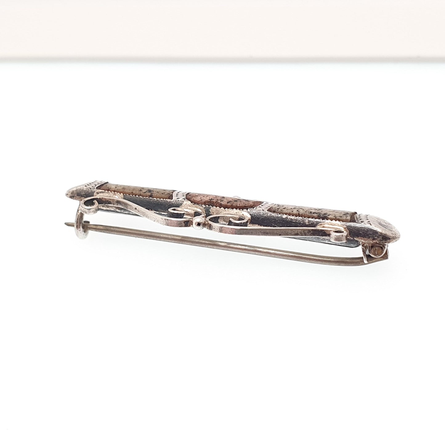 Antique Sterling Silver Scottish Granite Brooch Adie Lovekin 1921 Hallmarked Pink Aberdeenshire Feldspar Scotland Vintage Womens Jewelry