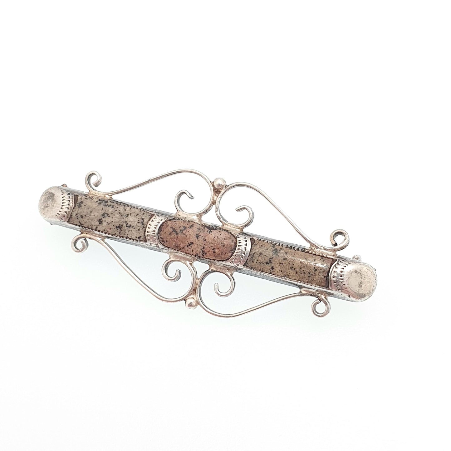 Antique Sterling Silver Scottish Granite Brooch Adie Lovekin 1921 Hallmarked Pink Aberdeenshire Feldspar Scotland Vintage Womens Jewelry