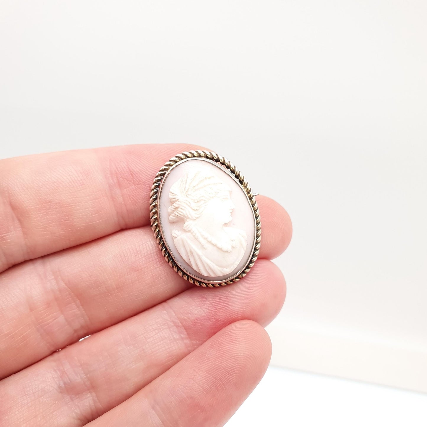 Antique Victorian Cameo Solid Silver Brooch Pink Conch Shell High Relief Large Big Vintage Rope Handmade 1800s Womens Jewelry Jewellery