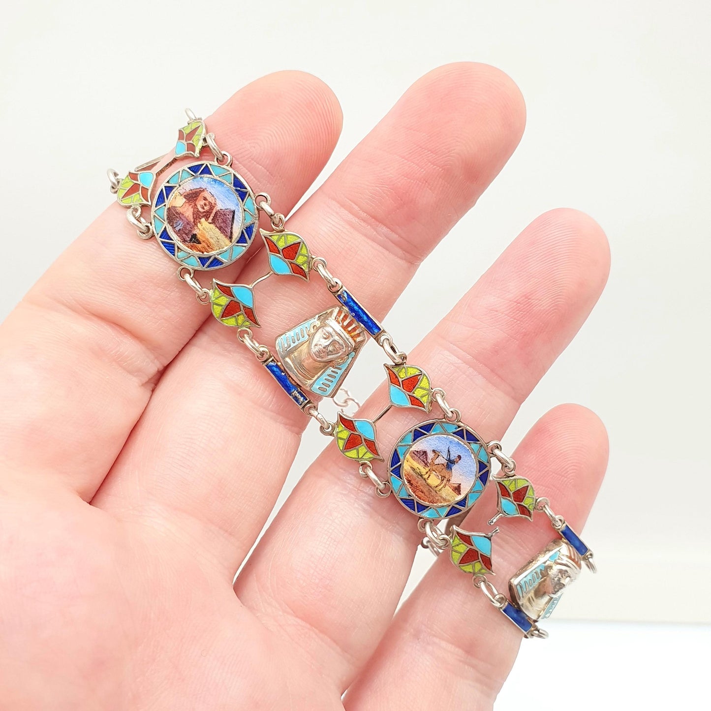 Antique Solid Silver Egyptian Bracelet Pharaoh Sphynx Pyramid Art Deco 1920s Lotus Flower 800 Vintage Cloisonne Womens Jewelry Jewellery