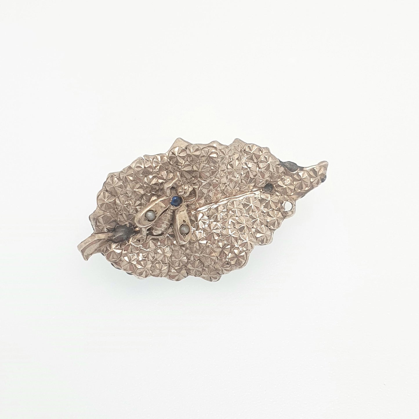 Antique Solid Silver Victorian Fly Brooch Leaf Pin Sapphire Paste Seed Pearl Vintage 1800s Bug Insect Rare Unique Womens Jewelry Jewellery