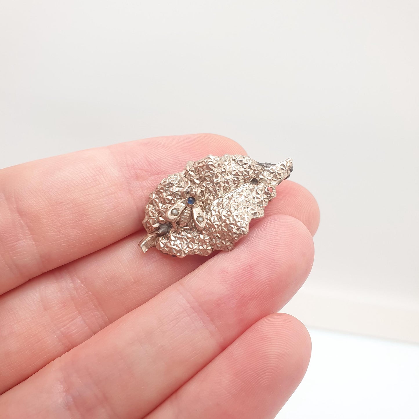 Antique Solid Silver Victorian Fly Brooch Leaf Pin Sapphire Paste Seed Pearl Vintage 1800s Bug Insect Rare Unique Womens Jewelry Jewellery