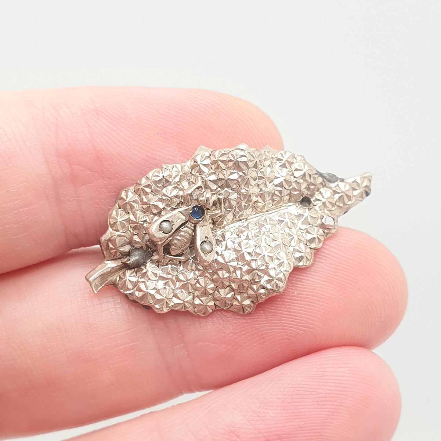 Antique Solid Silver Victorian Fly Brooch Leaf Pin Sapphire Paste Seed Pearl Vintage 1800s Bug Insect Rare Unique Womens Jewelry Jewellery