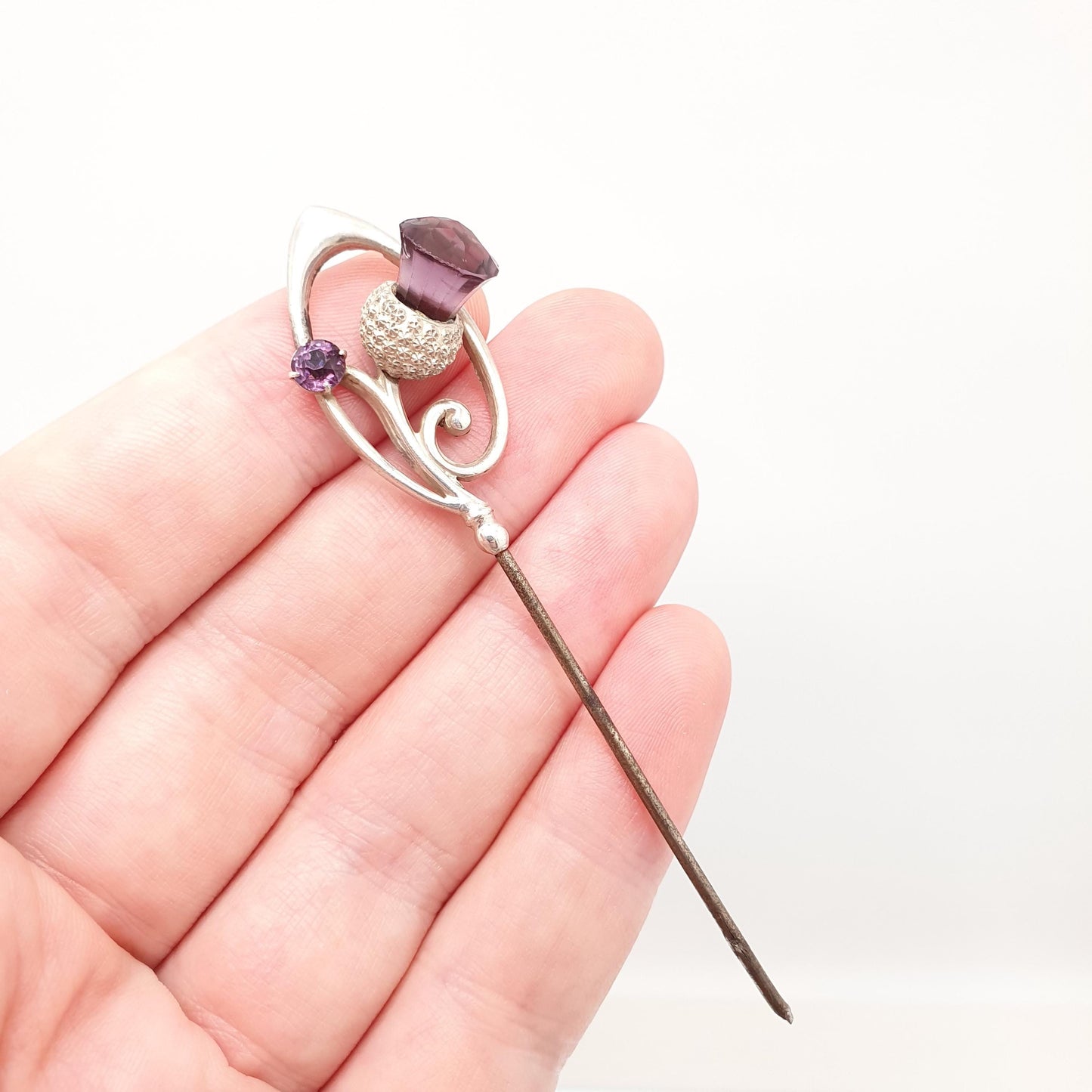 RESERVED/SOLD DON Antique Charles Horner Sterling Silver Thistle Stick Pin Lapel Amethyst Paste Ch Knot Scottish Hat Vintage