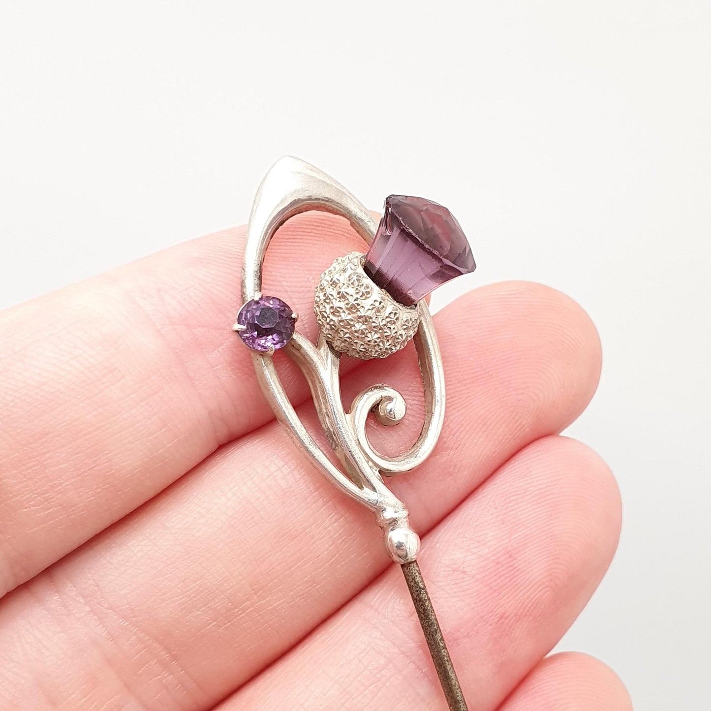 RESERVED/SOLD DON Antique Charles Horner Sterling Silver Thistle Stick Pin Lapel Amethyst Paste Ch Knot Scottish Hat Vintage