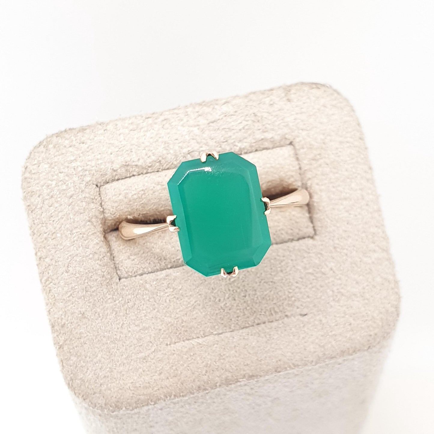 Antique 9ct Solid Gold Chrysoprase Ring Art Deco Solitaire Solid 9k 375 Rectangular Green Real Gemstone Womens Vintage Jewelry Jewellery